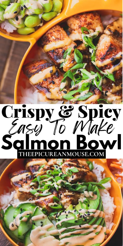 Spicy Mayo Bowl, Crunchy Salmon Bowl, Salmon Sushi Bowl Tik Tok, Macro Friendly Salmon Bowl, Crispy Spicy Salmon Bowls, Salmon Burger Bowl Recipe, Spicy Salmon Rice Bowl Recipes, Coconut Rice Salmon Bowl, Spicy Salmon Bowl Air Fryer