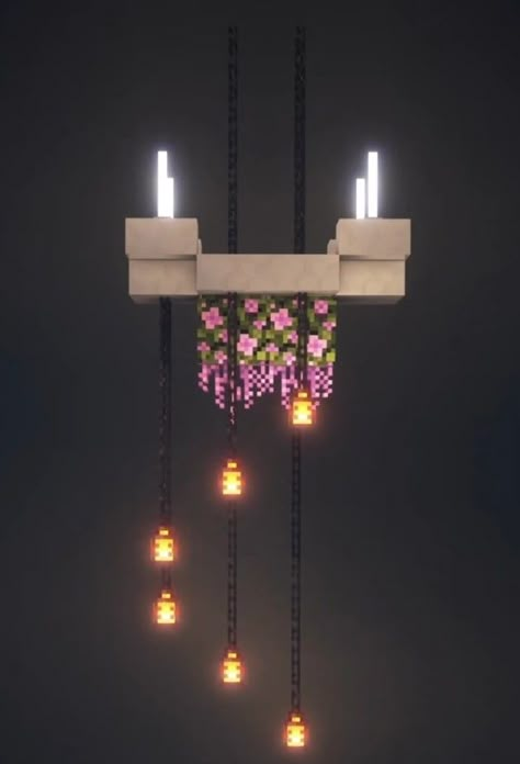 Flower Statue Minecraft, Minecraft Sci Fi Interior, Hanging Lights Minecraft, Minecraft Shandalers Design, Minecraft Hanging Sign, Chandelier In Minecraft, Minecraft Decorations In Game, Minecraft Chandelier Design, Minecraft Lighting Ideas