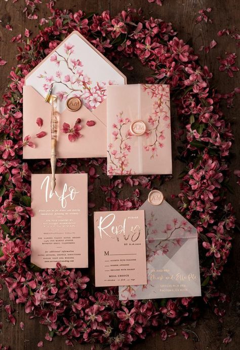 Cherry Blossom Wedding Theme, Cherry Blossom Party, Sakura Wedding, Cherry Blossom Wedding Invitations, Blush Pink Wedding Invitations, Cherry Blossom Theme, Gold Ideas, Stylish Wedding Invitation, Wedding Themes Spring