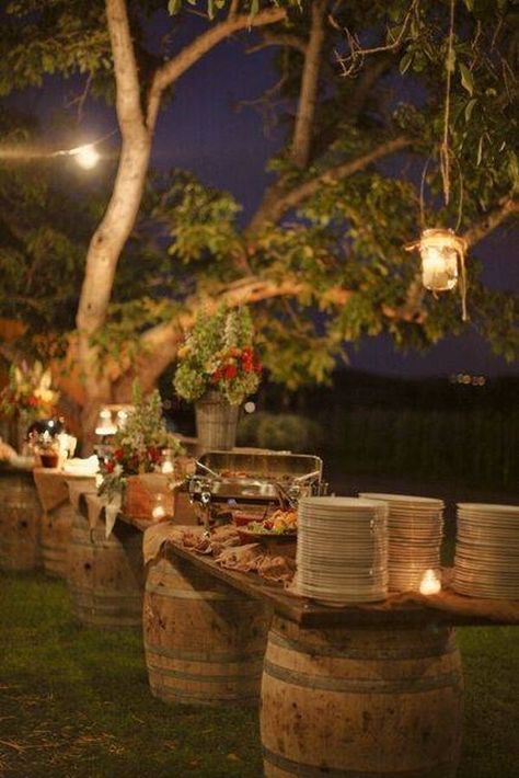 19 Interesting Ways Of Using Wine Barrels In Home Décor Barrel Table, Deco Champetre, Outdoor Wedding Inspiration, בר מצווה, Wine Barrel, Wedding Cake Designs, Buffet Table, Outdoor Party, Event Ideas