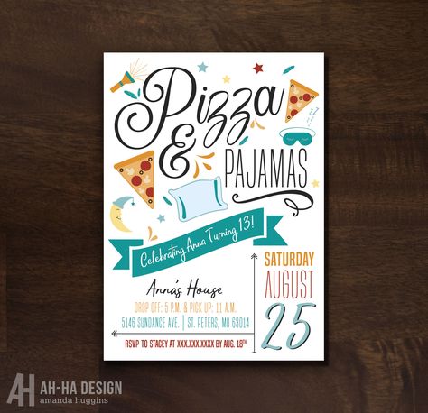 Pizza and Pajamas Party Printable Invitation #etsy #pizzaandpajamas #pizzapartyinvite #pajamapartyinvite #printableinviation #slumberpartyinvite #slumberparty https://etsy.me/2KMln89 Pizza And Pajamas, Adult Pajamas Party, Golden Bday, Pajama Birthday Parties, Golden Party, Pajamas Party, Girl Bday Party, Pizza Bar, Pj Party