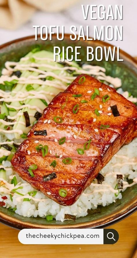 Salmon Tofu Recipes, Tofu Salmon Rice Bowl, Vegan Tofu Salmon, Sushi Bowl Tofu, Vegan Entrees Easy, Tofu Salmon Recipe, Vegan Salmon Rice Bowl, Vegan Salmon Sushi, Vegan Salmon Bowl