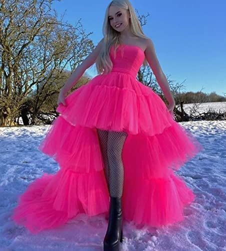 Hot Pink Prom Dresses, Side Split Prom Dress, Puffy Prom Dresses, Tulle Prom Dresses, Strapless Evening Dress, High Low Prom Dresses, Frilly Dresses, Sweetheart Prom Dress, Evening Party Gowns