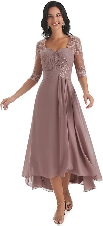 Amazon.com: High Low Mother of The Bride Dresses Tea Length Ruched Chiffon Beaded Mother of The Groom Gown Dusty Rose Size 8 : Clothing, Shoes & Jewelry Evening Gown With Sleeves, Gown With Sleeves, Beaded Evening Gowns, Evening Gowns With Sleeves, Mother Of The Bride Dresses Long, Formal Evening Gown, Mother Of Groom Dresses, Floor Length Skirt, Half Sleeve Dresses