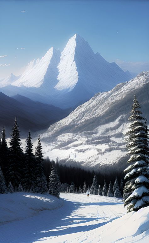 Snowy Mountains Photography, Snowy Landscape Art, Snow Mountains Painting, Snowy Landscape Photography, Snowy Landscape Painting, Snow Mountain Aesthetic, Snowy Mountains Aesthetic, Relaxing Paintings, Snowy Forest Painting