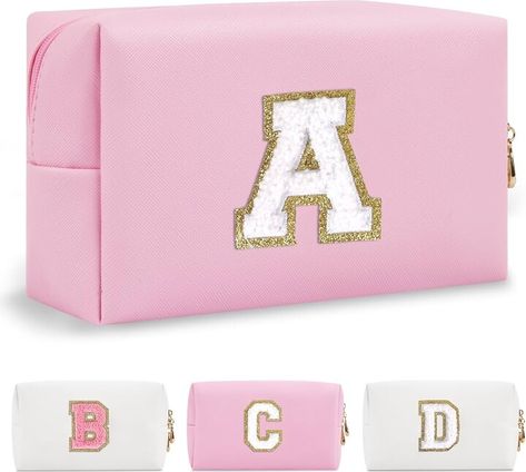 Personalized Initial A-Z Preppy Patch Makeup Bag,Small PU Chenille Letter Cosmetic Bag with Zipper for Teen Girls,Pink Cute Toiletry Organizer Bag,Monogram Makeup Case Gift for Women Girls,Letter A Bday Sleepover, Pink Makeup Bag, Letter Bag, Toiletries Organization, Bag With Zipper, Organizer Bag, Letter A, Personalized Initials, Makeup Case