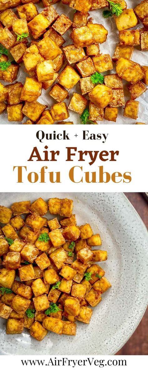 These Air Fryer Tofu Cubes have a crispy exterior and a chewy bite. They're neutral in flavor, so they're perfect for adding to just about any dish where you need a bump of vegan protein. Just 4 ingredients and ready in 20 minutes! Oven Fried Tofu, Best Air Fryer Tofu, Crunchy Tofu Air Fryer, Instapot Tofu Recipes, Firm Tofu Recipes Air Fryer, Tofu Airfryer Recipe, Air Fryer Crispy Tofu, Crispy Tofu Recipes Air Fryer, Airfry Tofu Recipe