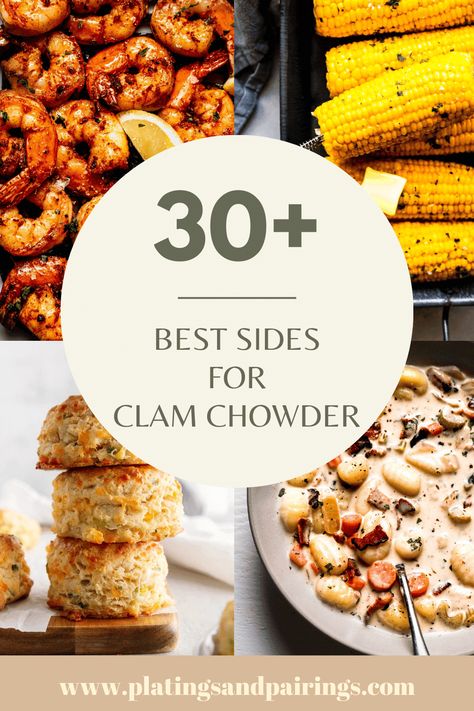 Wondering what to serve with clam chowder for dinner? From appetizers, to salads, to classic sides. Here's 30+ perfect side dishes! Clam Chowder Dinner Sides, Sides To Go With Seafood, What To Serve With Clam Chowder, Clam Bake Side Dishes, Red Cabbage Slaw, Radicchio Salad, Seafood Chowder, Grilled Peppers, Clam Bake