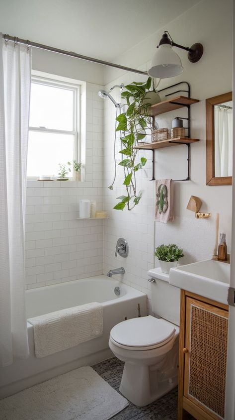 Transform your small bathroom into a functional and stylish space with these 10 affordable ideas. From DIY updates to inexpensive storage hacks, these budget-friendly tips will help you maximize your bathroom's potential without spending a fortune. Whether you're working with a tight budget or a tiny space, these clever solutions will inspire you to make meaningful improvements that add value and comfort to your home. Small Bathroom Remodel Shower Over Bath, Tiny Bathroom Interior, Apartment Bathroom With Tub, Shower Bath Bathroom Ideas, Bathroom Quick Makeover, Tiny Bathroom Reno, Maximizing Small Bathroom Space, Small Studio Bathroom Ideas, Sink Next To Bathtub