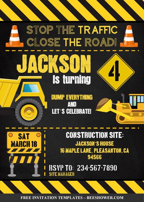 Download Construction Birthday Invitation Templates – Editable With MS Word | Beeshower Construction Party Invitations, Construction Baby Shower, Construction Invitations, Construction Birthday Invitations, Construction Theme Birthday Party, Construction Theme Party, Invitation Card Birthday, Construction Birthday Parties, Trucks Birthday Party