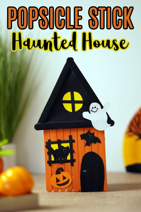 Don't get scared! This popsicle stick haunted house is a not-so-spooky and fun Halloween craft kids are going to love painting and decorating. Halloween Craft With Popsicle Sticks, Halloween Crafting For Kids, Craft Stick Halloween Crafts, Diy Haunted House Craft, Craft For Halloween For Kids, Diy Halloween Popsicle Stick Crafts, Haunted House Crafts For Toddlers, Popsicle Stick Haunted House Craft, Halloween Craft Popsicle Sticks