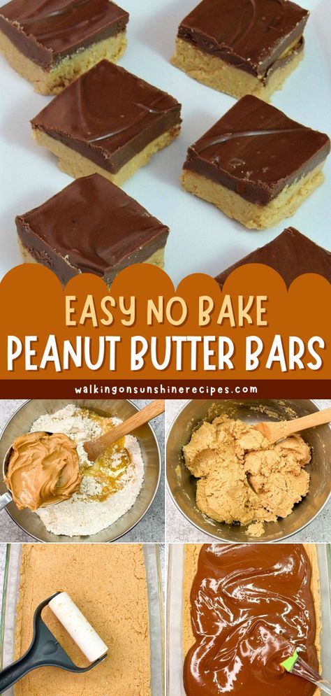 Get ready for another easy-to-make sweet treat! 5 ingredients are all you need for these homemade peanut butter squares. Thick, creamy, and fudgy, these no-bake peanut butter bars taste just like Reese's peanut butter cups! Save this no-bake dessert recipe! Sheet Pan Peanut Butter Bars, Reese No Bake Cookies, Recipes With Recess Peanut Butter Cups, No Bake Reeses Bars, Reese Bars No Bake, Peanut Butter Dessert Ideas, Peanut Butter Desert No Bake, Easy Nobake Dessert, Easy No Bake Squares