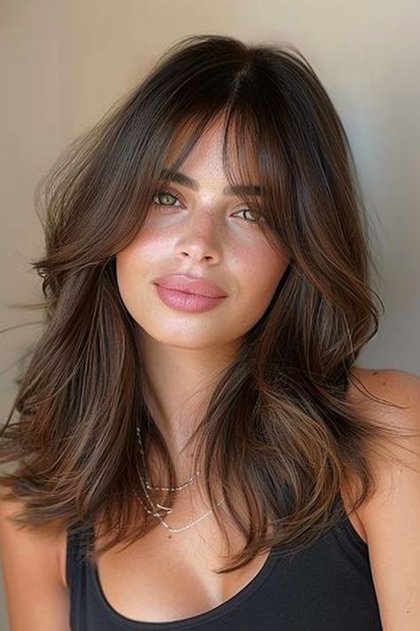 Medium Length Hair With Layers Long Bangs, Layered Hair For Brunettes, Haircut 2024 Medium, Medium Length Haircut For Thick Hair Layers, Haircut For Thick Hair And Round Face, Medium Length Haircut Layers And Bangs, Long Bob Shaggy Layers, Hair Layers Around Face, Long Layer Hair Cuts For Women