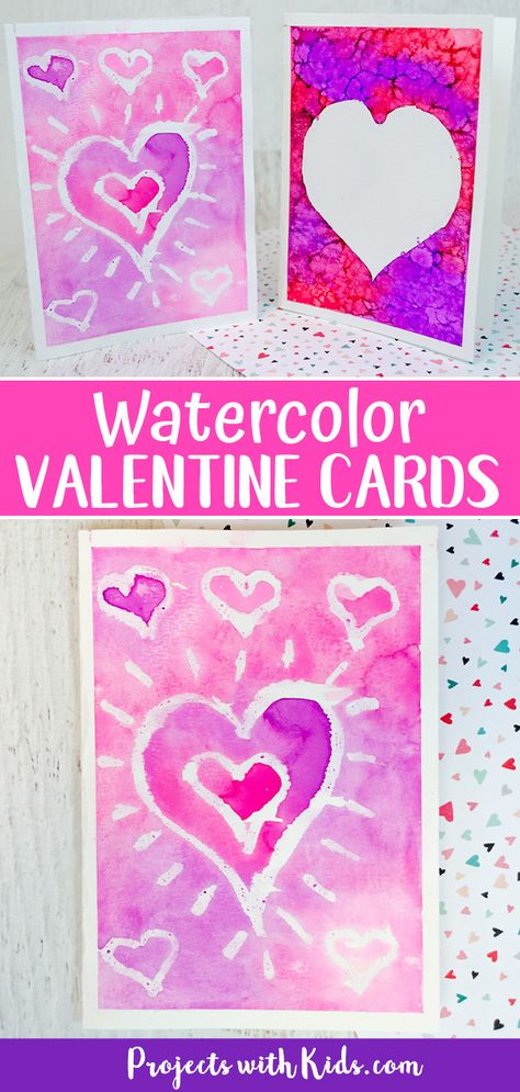 These easy watercolor Valentine cards are a fun handmade card idea for kids to make! Use easy watercolor techniques to create these gorgeous cards for family and friends. #projectswithkids #valentinesdaycards #kidsart #watercolorpainting Watercolor Valentine Cards, Cards For Kids To Make, Valentine Cards For Kids, Watercolor Resist, Heart Art Projects, Watercolor Valentine, Valentine Art Projects, Valentines Watercolor, Valentine's Day Crafts