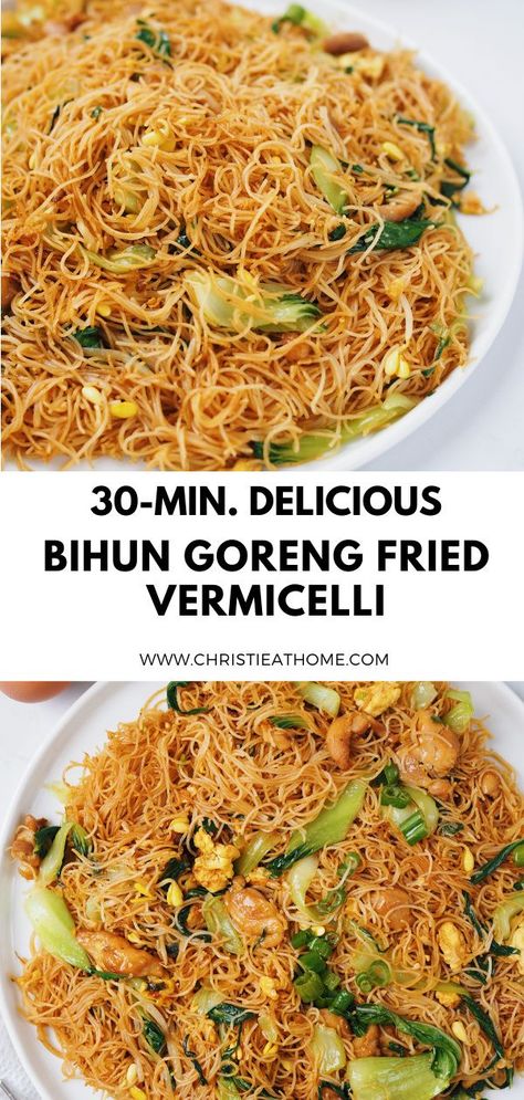 Bihun Goreng Fried Vermicelli, also known as Bee Hoon Goreng. A popular stir fried vermicelli noodle dish that originates from Indonesia and is commonly eaten in South East Asia. Bihun Goreng consists of chewy springy vermicelli noodles fried with leafy greens, tender chicken, egg, bean sprouts, and garlic. Seasoned with a sweet soy sauce for the perfect flavour. #noodles #noodle #noodlerecipes #vermicelli #indonesian #indonesianfood #asianrecipe #asianfood #indonesianrecipe #quickmeal Chinese Vermicelli Noodles, Fried Rice Vermicelli Noodles, Best Vermicelli Noodles Recipes, Garlic Vermicelli Noodles, Vermicelli Mac And Cheese, Indonesian Noodle Recipes, Vegetarian Vermicelli Recipes, Recipes With Sweet Soy Sauce, Angel Hair Vermicelli Rice Noodles