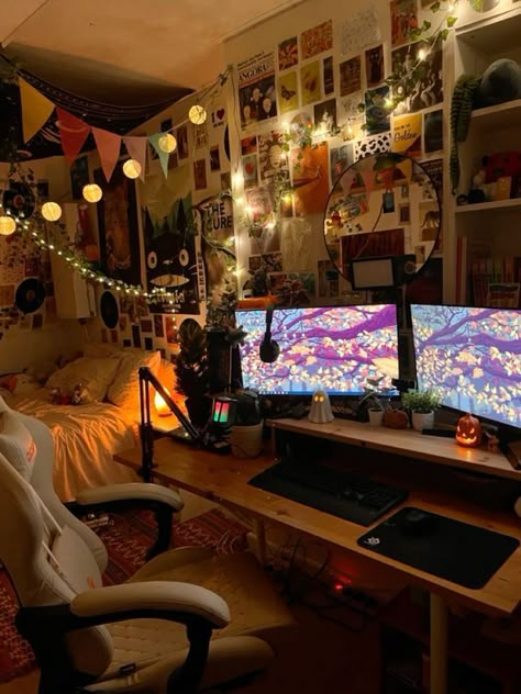 Dorm Room Pc Setup, Fall Desk Setup, Fall Gaming Setup, Maximalist Gaming Setup, Aesthetic Desk Set Up, Japanese Inspired Room, Computer Setup Aesthetic, Aesthetic Gamer Room, Room Desk Setup