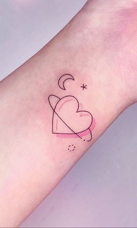 Heart Space Tattoo, Heart Universe Tattoo, Moon Tattoo Inspiration, Kawaii Heart Tattoo, Space Heart Tattoo, Moon With Heart Tattoo, Heart Planet Tattoo, Bubble Heart Tattoo, Heart Moon Tattoo