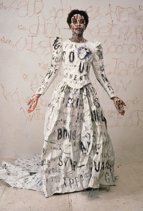 Performance — Lesley Dill  Dada Poem Wedding Dress  1994, Performed for the Dada Ball at Webster Hall A Level Textiles, Protest Art, Paper Dress, Creation Couture, Painted Clothes, Art Dress, Textiles Fashion, Textile Artists, Art Clothes