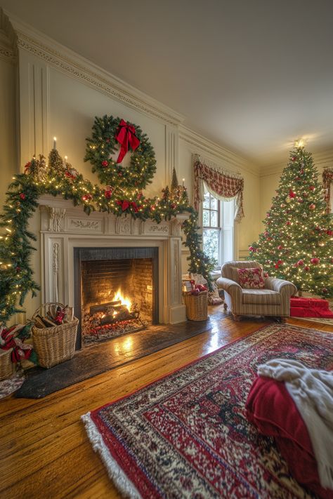 Transform your living space with inviting winter home decor! This setup features a beautifully decorated Christmas tree, festive garlands, and a warm fireplace. Perfect for a cozy, festive ambiance. #WinterHomeDecor #ChristmasDecor #CozyLiving Classic Christmas Living Room, Christmas Tree Family Photos Indoor, Christmas House Interior, Interior Christmas Decor, Warm Christmas Decor, Christmas Fireplaces, Cozy Winter Home, Outdoor Christmas Decoration Ideas, Outdoor Decoration Ideas