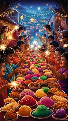 lively celebration of diwali with sweets and colors on the table Background Diwali Family, Celebration Wallpaper, Diwali Wallpapers, Diwali Photo, Choti Diwali, Diwali Happy, Diwali Background, Diwali Poster, Table Background