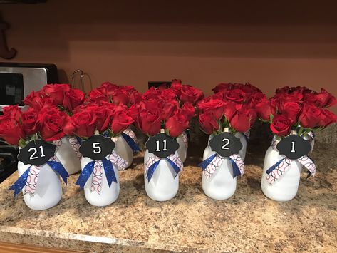 Senior night centerpieces for moms Senior Night Flowers For Mom, Sports Banquet Ideas, Night Centerpieces, Hockey Banquet, Softball Banquet, Basketball Banquet, Baseball Banquet, Banquet Centerpieces, Awards Banquet