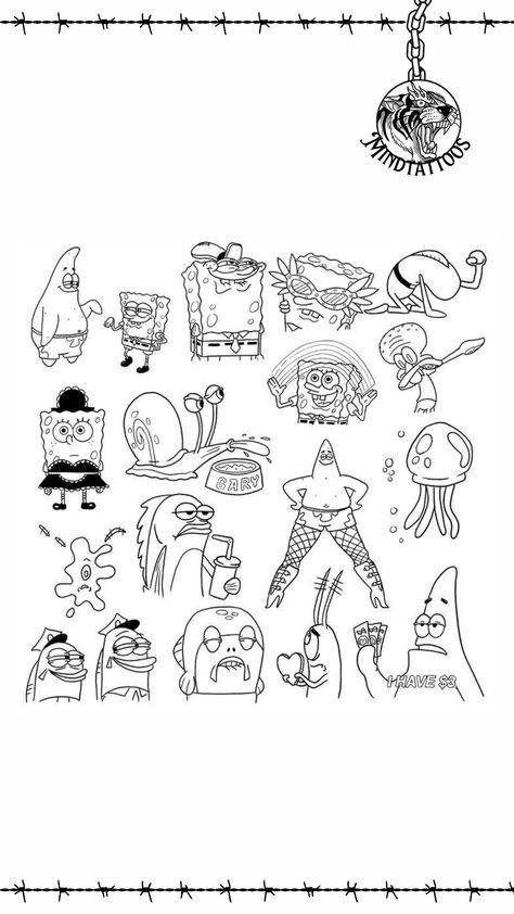 Mini Spongebob Tattoo, Spongebob Character Tattoos, Spongebob Trio Tattoo, Funny Spongebob Tattoo Ideas, Spongebob Stick And Poke, Spongebob And Patrick Tattoo Small, Spongebob Tattoo Black And White, Spongebob And Patrick Tattoo Ideas, Funny Spongebob Tattoo