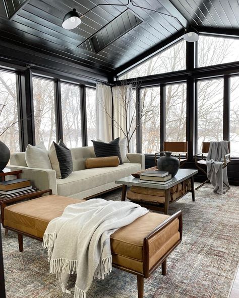 Kate Chipinski on Instagram: “Good morning!! We are in the deep negative degree days here in Minnesota. I am in hunker down mode and starting a new little project (well,…” Modern Three Season Room, Boho Sunroom Ideas Vintage, Mid Century Modern Sunroom, Luxury Sunroom, Sunroom Lighting Ideas, Modern Sunroom Ideas, All Seasons Room, Bedroom Bench Modern, Modern Sunroom