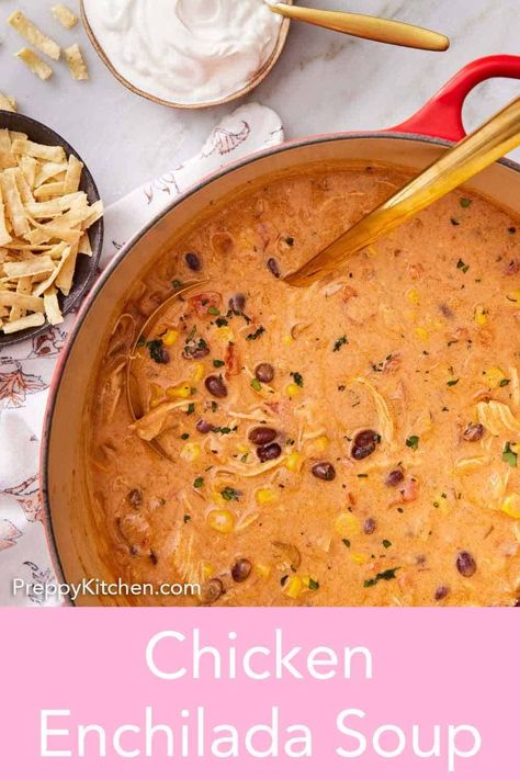 This easy Chicken Enchilada Soup is deliciously creamy and is packed with protein, corn, beans, and zesty spices. Ready in 30 minutes, it is a satisfying quick-fix dinner the whole family will love! Creamy Enchilada Soup Crockpot, Creamy Chicken Enchilada Soup Crock Pot, Chicken Soup Enchiladas, White Chicken Enchilada Soup, Chicken Enchilada Soup Instant Pot, Chicken Enchiladas Crock Pot, Creamy Enchilada Soup, Enchilada Soup Crockpot, Easy Chicken Enchilada Soup