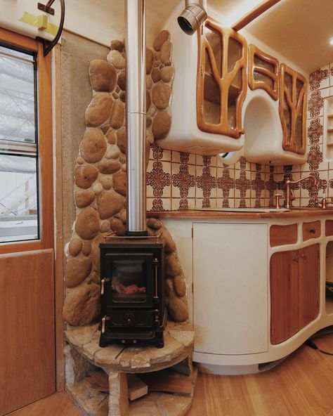 Wood Stove Kitchen, Hobbit Wood Stove, Hobbit Stove, Mini Wood Stove, Parlour Stove, Tiny Wood Stove, Cabin Renovation, Tiny Living Space, Rv Interior Remodel