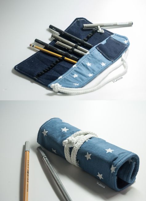 Pen Pouch Diy, Diy Pouches, Pen Holder Diy, Diy Pencil Holder, Diy Star, Pencil Roll, Pouch Diy, Blue Cute, Cute Pens