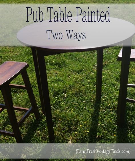 Painted Pub Table and Saddle Stools #pubtable #barfurniture #paintedfurniture #diyprojects Pub Table Makeover, Refurbished Bar Stools, Pub Height Table, Pub Stools, Round Bar Table, Paint Bar, Saddle Stools, High Top Tables, Old Pub