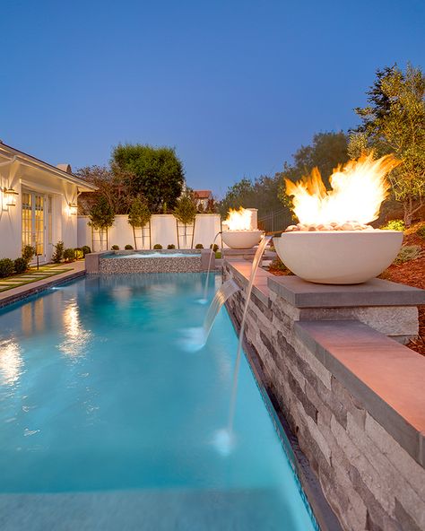 Pool Kings, Landscaping Backyard, Fire Pots, Glass Fire Pit, Backyard Plan, Fire And Water, Pool Waterfall, Backyard Camping, Fiberglass Pools