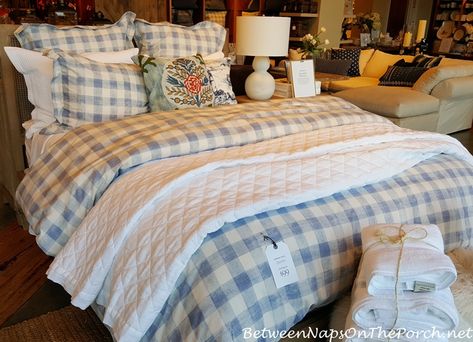 Country Family Home, Check Bedding, Buffalo Check Bedding, Plaid Bedroom, Blue And Cream Bedroom, Blue And White Bedding, Cream Bedrooms, White Bedspreads, Country Family