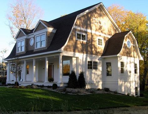 Gambrel Roof With Porch, Dutch Colonial House Plans, Dutch Colonial Exterior, Gambrel House, Dutch Colonial House, Dutch Colonial Homes, Gambrel Style, White Siding, Colonial House Plans