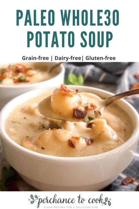 A dairy-free, Paleo, Whole30 compliant creamy potato soup recipe that is filled with chunks of potato, bone broth, and bacon. Ultimate Potato Soup Recipe, Paleo Soup Recipe, Paleo Chicken Soup, Creamy Potato Soup Recipe, Paleo Soup, Healthy Soups, Creamy Potato Soup, Cook Healthy, Cooking Recipes Healthy