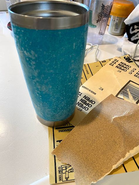 Sand down the tumbler using 180-220 grit sandpaper. Cookout Drinks, Making Tumblers, Tumbler Turner, Cricut Ornaments, Diy Vinyl Projects, How To Make Glitter, Epoxy Cups, Epoxy Jewelry, Mod Podge Crafts