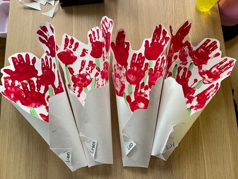 Valentines Week Activities For Toddlers, Handprint Flowers Valentines Day, Valentines Craft For Parents Preschool, Rose Handprint Craft, Handprint Flowers For Toddlers, Handprint Bouquet Of Flowers Valentines, Handprint Roses Valentines Day, Valentines Day Hand Print Crafts, Hand Valentines Day Crafts