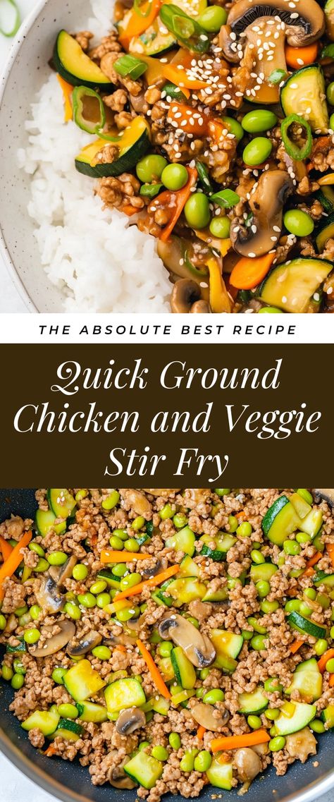 Image for Quick Ground Chicken and Veggie Stir Fry Ground Chicken And Veggies Recipes, Ground Chicken Stir Fry Recipes, Ground Chicken And Broccoli Recipes, Protein Stir Fry, Ground Chicken Stir Fry, Chicken And Veggie Stir Fry, Ground Chicken Recipes Healthy, Low Fat Dinner, Mushroom Rice