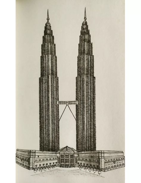 Petronas Towers Drawing, Famous Monuments Sketches, Twin Towers Malaysia Drawing, Twin Towers Drawing, Skyscraper Drawing, Poster Merdeka, Twin Towers Malaysia, Pen Rendering, 2 Point Perspective Drawing