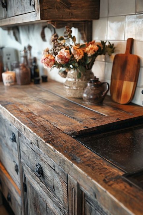 13 Stunning Kitchen Counter Decor Ideas To Inspire – DreamyHomeStyle Rustic Wood Countertops Kitchen, Rustic Wood Countertops, Barnwood Countertop, Wood Kitchen Countertops, Rustic Kitchen Countertops, Reclaimed Wood Counter, Kitchen Counter Decor Ideas, Reclaimed Wood Countertop, Wooden Countertops Kitchen