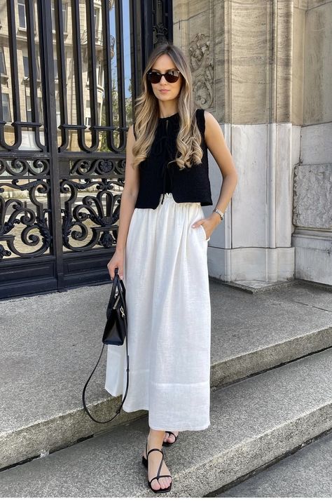 Formal Work Outfits Women Summer, Gentle Woman Bag Outfit, Linen White Skirt Outfit, Linen Skirt Fall Outfit, Light Skirt Outfits, Blue Linen Skirt Outfit, White Linen Maxi Skirt Outfit, White A Line Skirt Outfit, Black Skirt Long Outfit