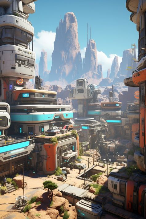 Sci Fi Neighborhood, Sci Fi Mountain City, Scifi Underground City, Sci Fi Cityscape, Outer Worlds Concept Art, Sci Fi Locations, Sci Fi Environment Art, Sci Fi Fantasy City, Sci Fi Cities