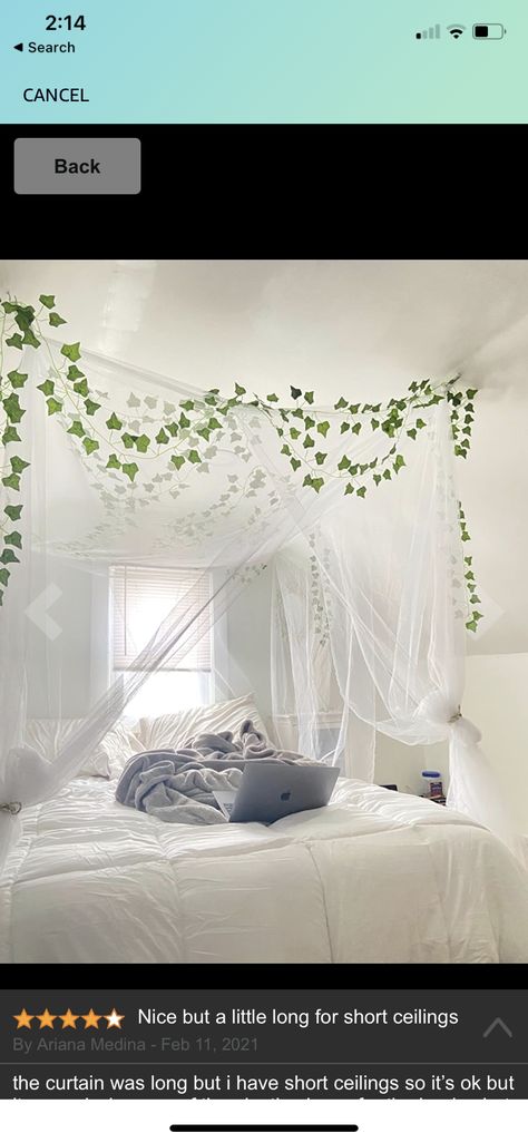 Canopy with white curtains / mosquito netting. Vines along the edges. Bed With White Curtains, White Canopy Bed With Curtains, Green Bed Curtain, Mosquito Net Bed Fairy Lights, White Bed With Canopy, White Bedroom With Vines, Canopy Bed Ideas With Vines, Vine Curtain Bedroom, Bed With Net Canopy