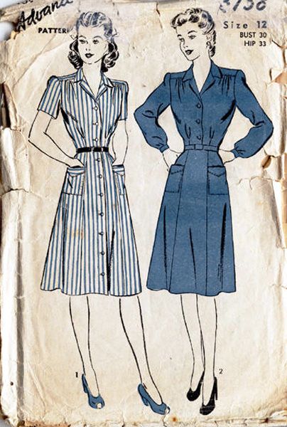 1940s day dresses - very nice!  I just prefer them a foot longer for me, but I love the simplicity and tailoring of these two dresses. Fashion 1940s Style, 1940s Dress Pattern, Áo Blu, Pattern Dresses, Patron Vintage, Fashion 1940s, Dress Patterns Free, Vintage Dress Patterns, 40s Fashion