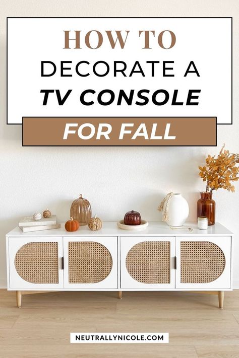 boho minimalist fall tv console decorating ideas for a chic fall tv console styling Fall Tv Console, Console Decorating Ideas, Tv Console Decorating Ideas, Tv Console Decorating, Living Room Decor Fall, Chic Fall Decor, Room Decor Fall, Boho Chic Fall, Console Table Styling