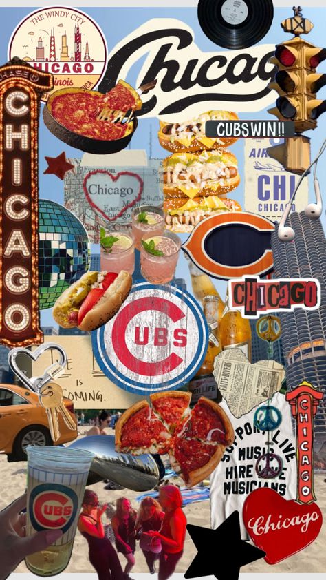 Chicago Collage, Chicago Aesthetic, Cubs Win, Collage Wallpaper, The Windy City, Windy City, Travel List, Senior Year, Chicago Cubs