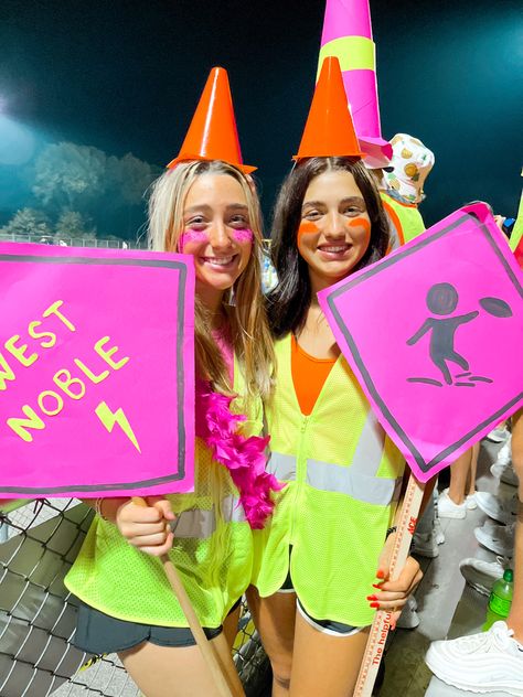 Hawaiian Student Section Theme, Glow In The Dark Pep Rally Outfits, Halloween Neon Costume, Construction Dress Up Day High School, Construction Spirit Day Outfit, Construction Outfit Football Game, Neon Face Paint Ideas For Football Games, Construction Day Spirit Week, Construction Student Section