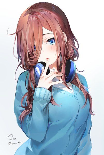 Anime picture	go-toubun no hanayome nakano miku umibouzu (niito) long hair single tall image blush looking at viewer open mouth blue eyes breasts fringe brown hair simple background standing signed upper body hair over one eye head tilt :o 	960x1430	597831	en Nakano Miku, Miku Nakano, Quintessential Quintuplets, Anime Base, Girls Illustration, Amazing Spiderman, Fanarts Anime, Art Anime, Anime Kawaii