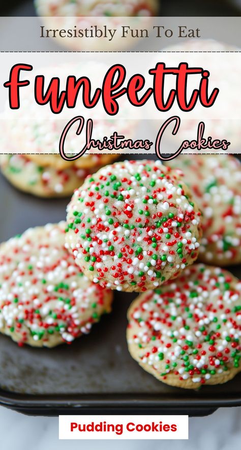 These soft and chewy Pudding Cookies with Sprinkles are a delightful treat bursting with color and flavor. Perfect for celebrations or just because, these cookies are easy to make and irresistibly fun to eat! Fun Fetti Cookies, Christmas Pudding Cookies, Funfetti Christmas, Pudding Cookies Recipes, Pudding Cookies, Vanilla Pudding Mix, Rainbow Sprinkles, Vanilla Pudding, Christmas Pudding