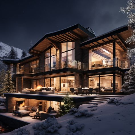 A luxurious mountainside chalet in Aspen, Colorado, framed by towering evergreens and pristine snow, with large glass windows revealing a warm interior, an outdoor hot tub, and the breathtaking peaks lit by the soft glow of the moon. AI generated. Luxury Snow Cabin, Mountain Side Mansion, Aspen House Interiors, Aspen House Exterior, Modern Winter Cabin Exterior, Winter Modern Mansion, Bloxburg Glass House, Mountain Lake Cabin, Modern Cabin Mansion